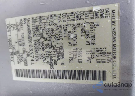 2005 Nissan Xterra S z USA, uszkodzony, nr VIN 5N1AN08U65C635741